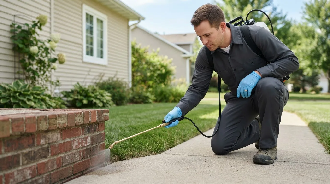 Pest control technician treating a home near Rosanky, TX